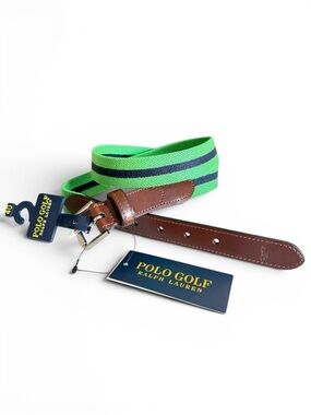 Polo Ralph Lauren Polo Golf Men’s Belt Green Navy Stripe Elastic Leather 40 NWT
